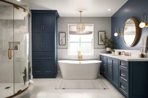 bathroom renovated with a blue accent colour