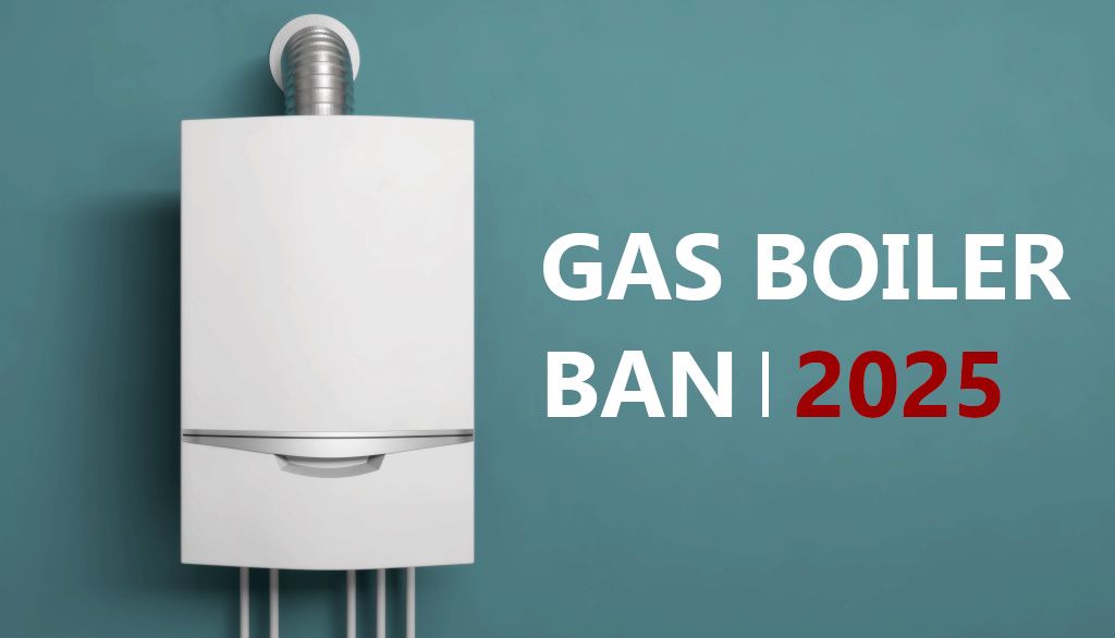 Gas boiler with text "gas boiler ban 2025"