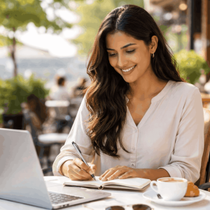 Outdoor café moments with coffee and notes