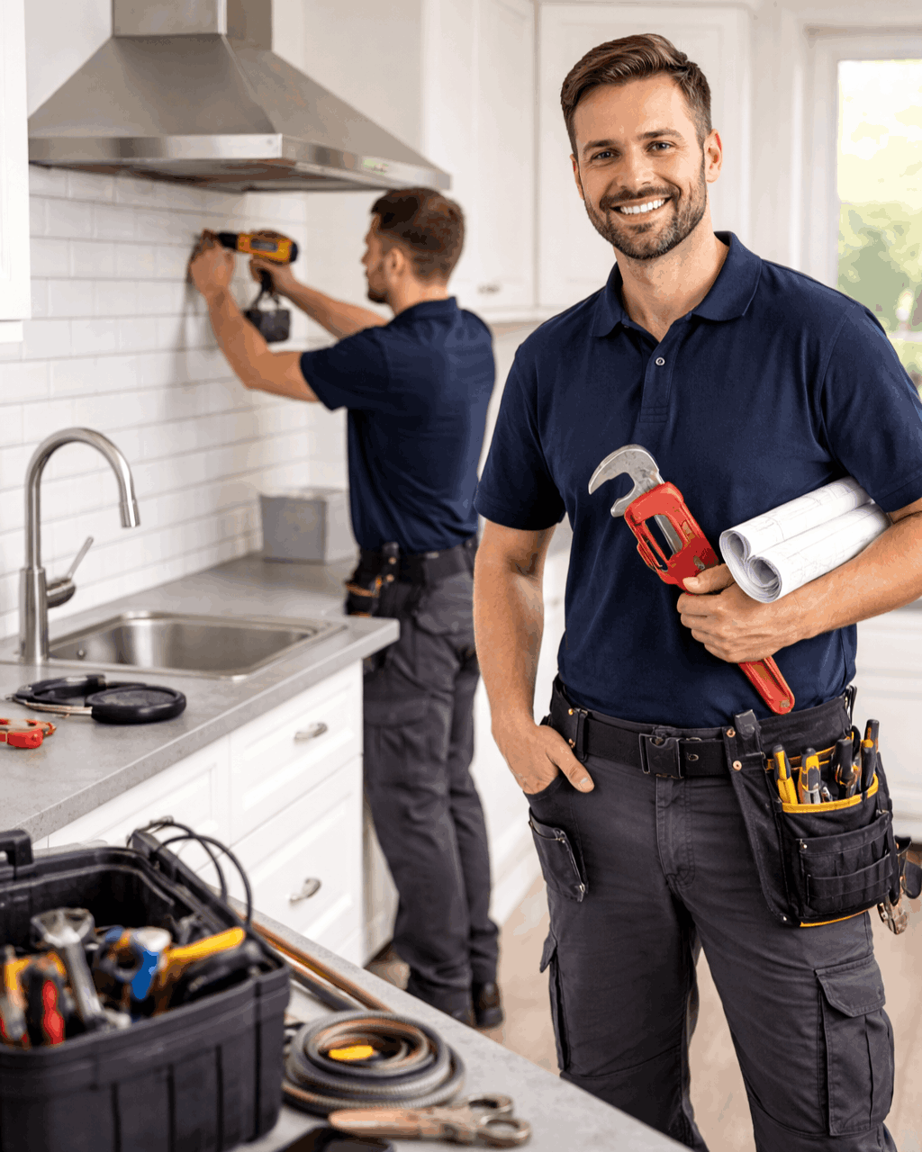 Plumbers working on modern kitchen setup