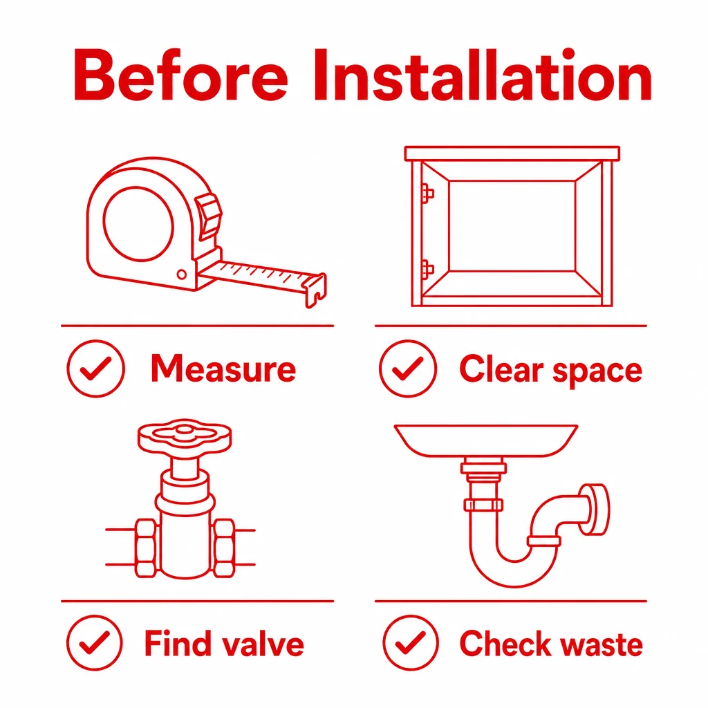 Checklist for preparing the kitchen before dishwasher installation.