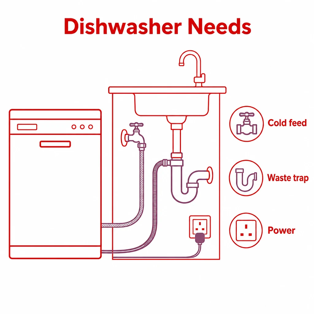 Diagram showing the cold feed, waste trap and power connection a dishwasher needs.