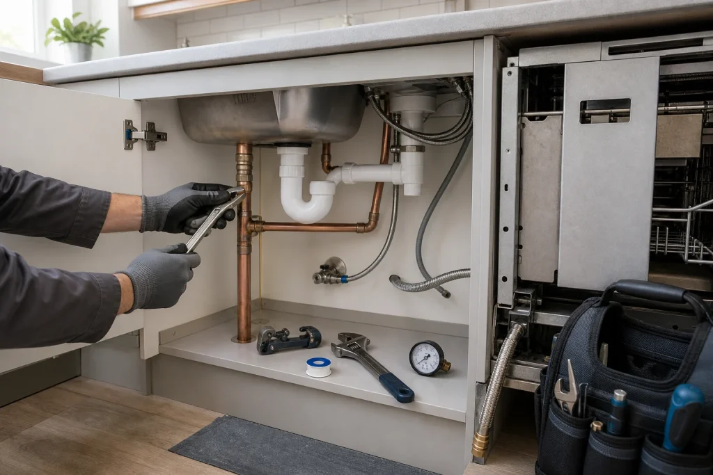 Dishwasher pipework, valves and tools under a kitchen sink.