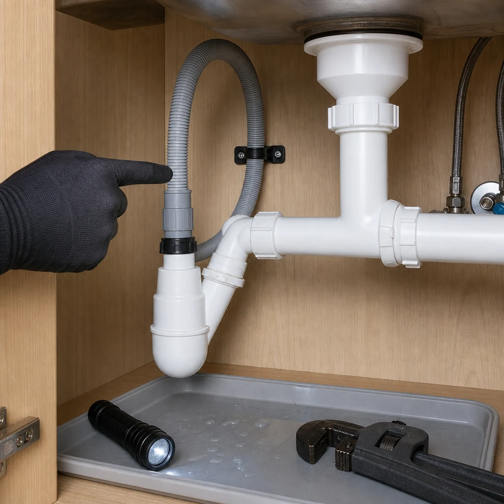 Dishwasher waste hose connected to sink drainage pipework.