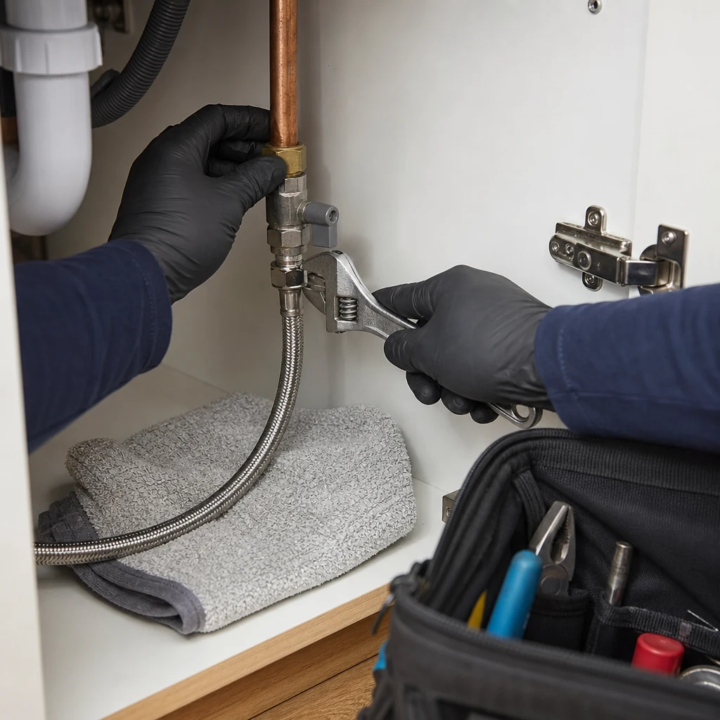 Gloved hands checking a dishwasher cold water supply connection.