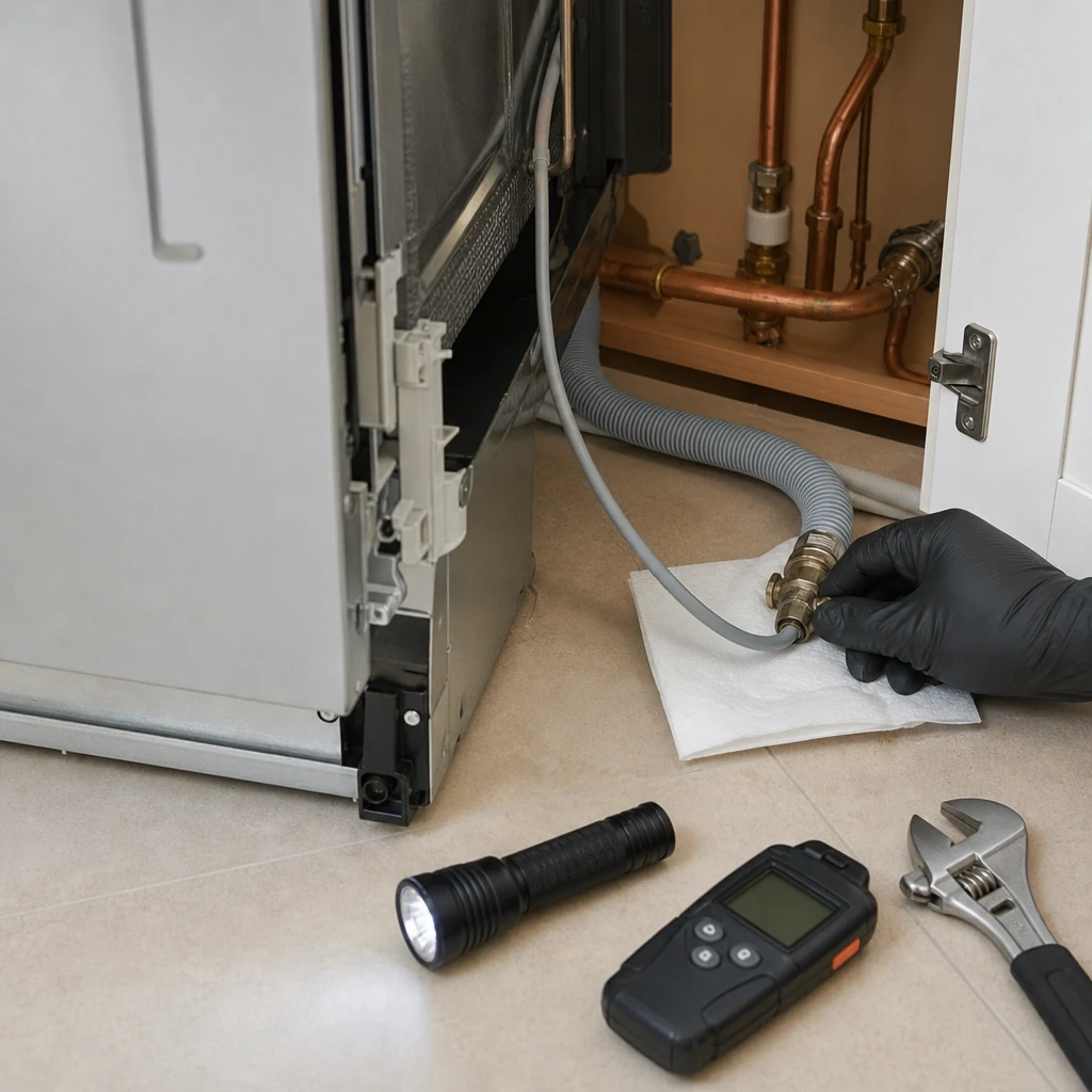 Gloved hands testing dishwasher connections for leaks.