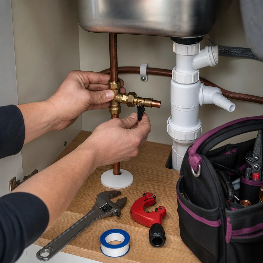 Plumber adapting under-sink pipework for a dishwasher connection.
