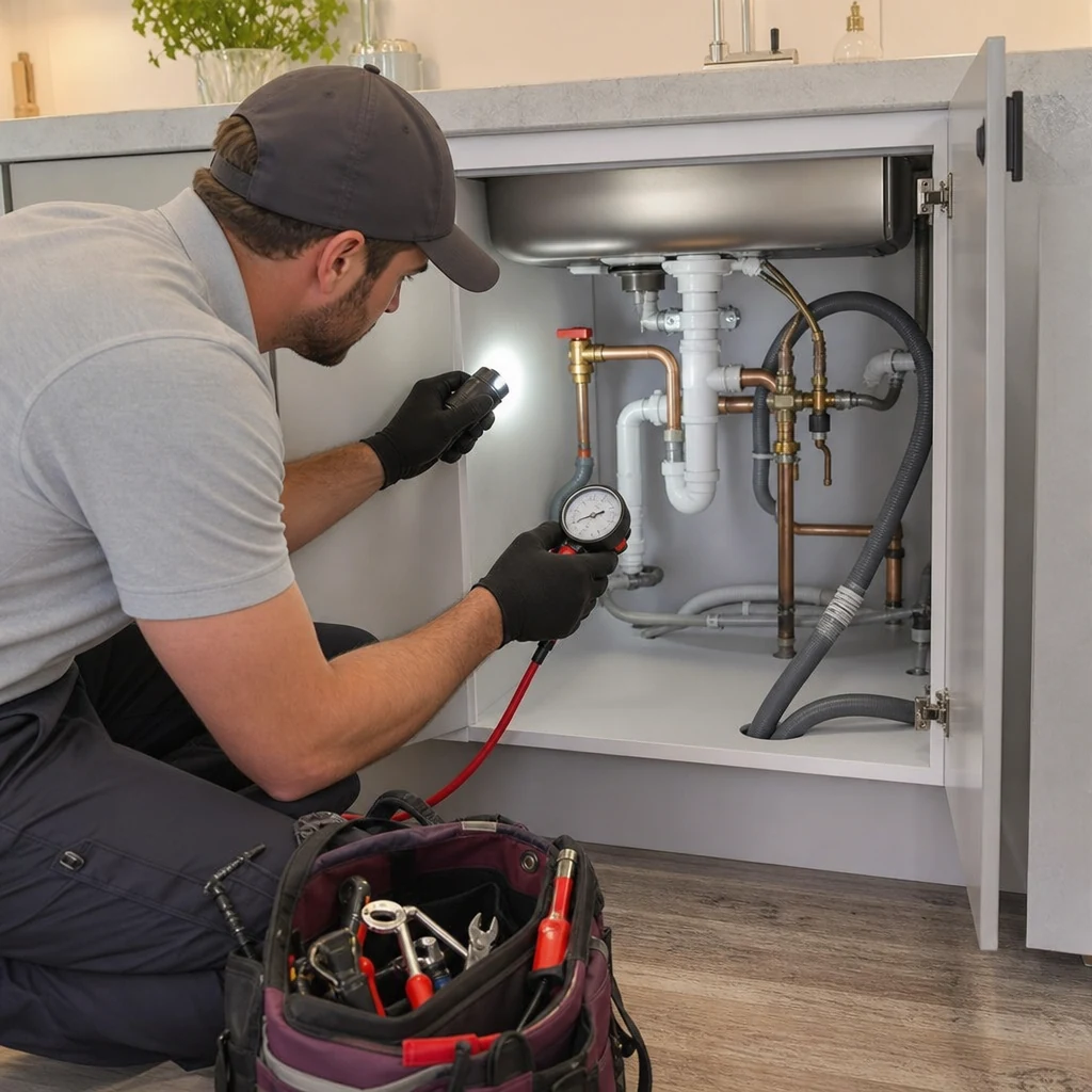 Plumber checking valves, pipework and waste connections under a kitchen sink.