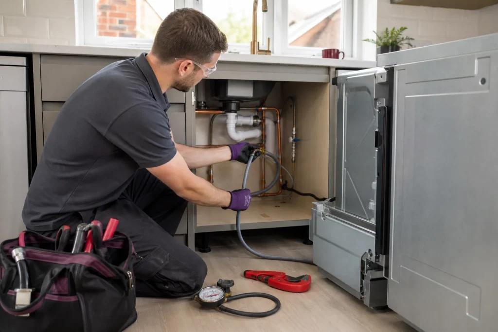 Plumber connecting a dishwasher to kitchen sink plumbing.