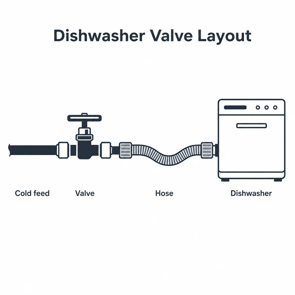 Simple diagram showing a dishwasher isolation valve layout.