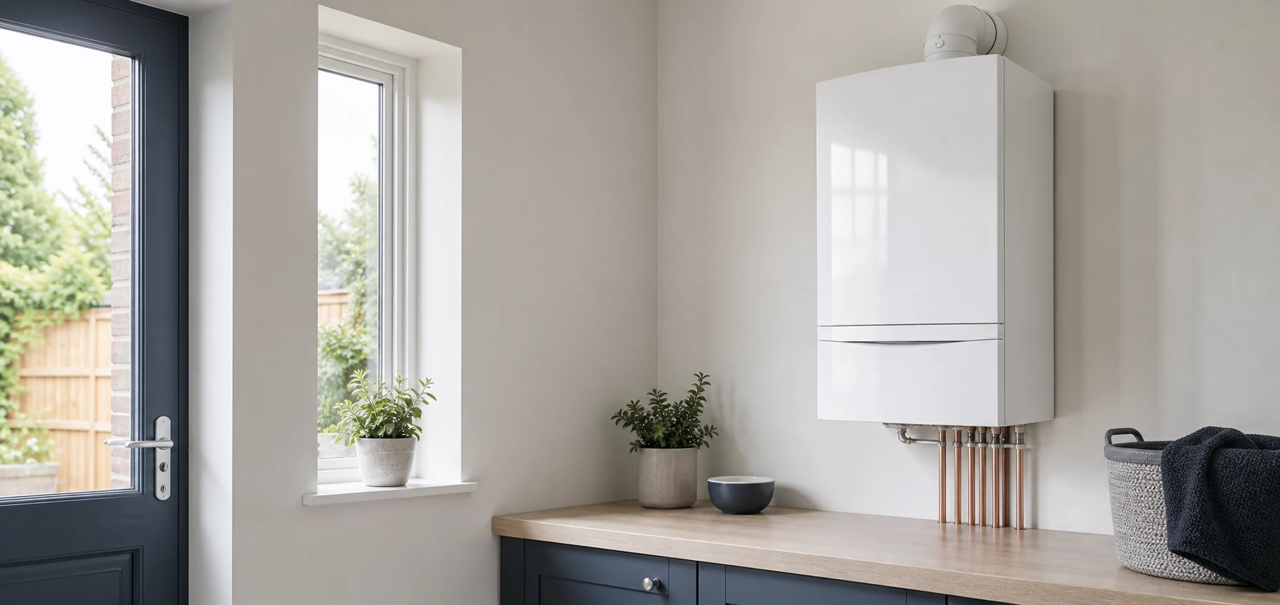 Clean domestic boiler in a tidy utility room