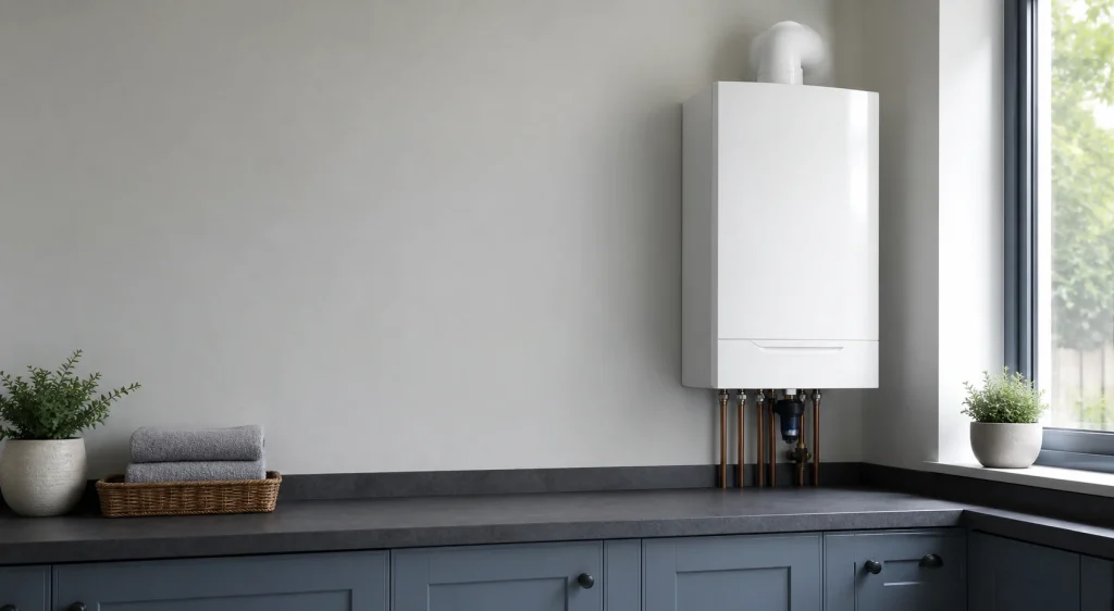 Clean wall-mounted boiler in a tidy utility room