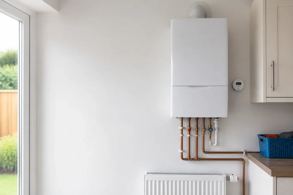 Clean wall-mounted boiler in a tidy utility room.