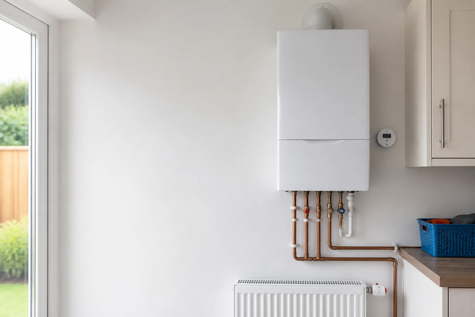 Clean wall-mounted boiler in a tidy utility room.