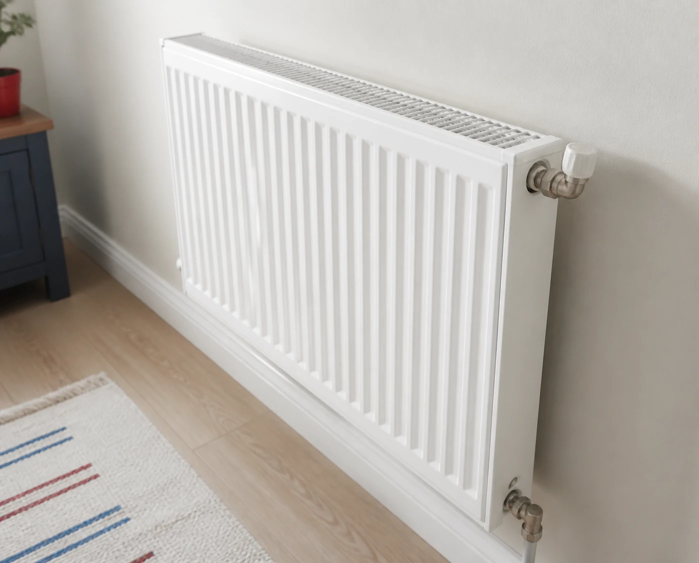 White radiator on a clean wall in a tidy home.